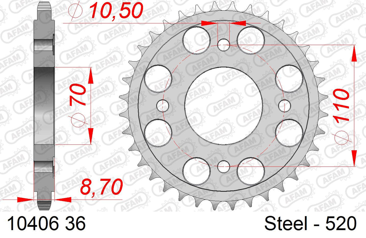 AFAM Rear Sprocket, 520 (OE Pitch), Steel - 36T (orig size) – Honda CB400N Super Dream 1981–1983 / Honda CM400A / T / TZ 1981–1983