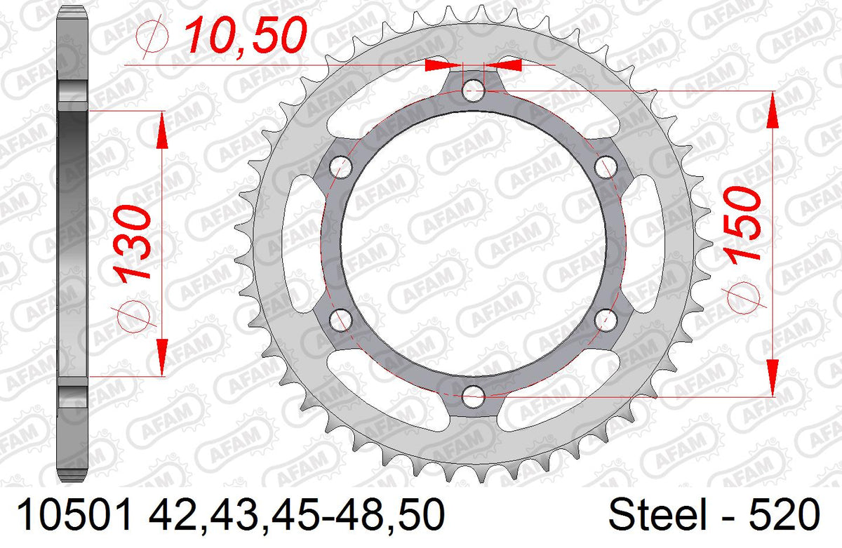 AFAM Rear Sprocket, 520 (OE Pitch), Steel - 42T, 108 links reqd (10501-42)
