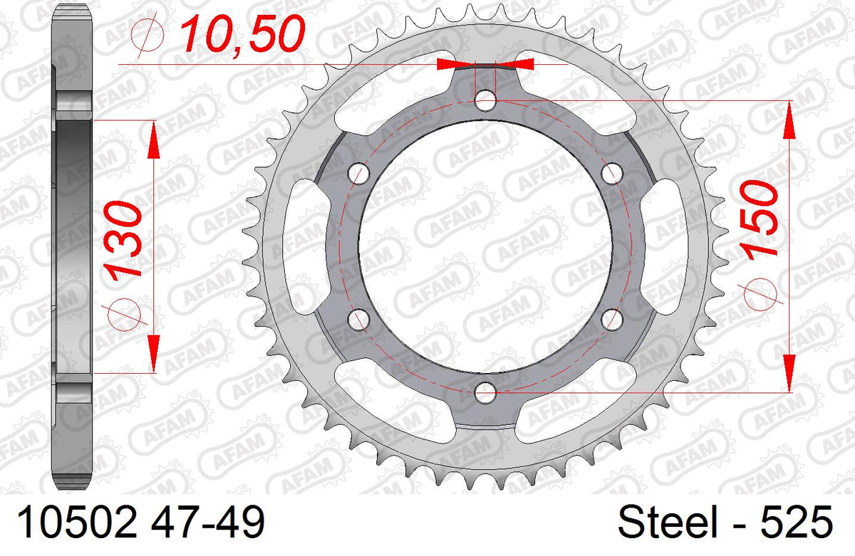 AFAM Rear Sprocket, 525 (OE Pitch), Steel - 49T, 120 links reqd