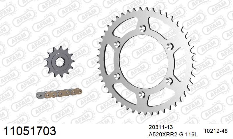AFAM Xs-Ring Reinforced Plus Chain & Steel Sprocket Kit, 520 (OE Pitch) - Gold 116 link Xs-Ring Reinforced Plus chain, 13T steel/48T Steel s (11051703)