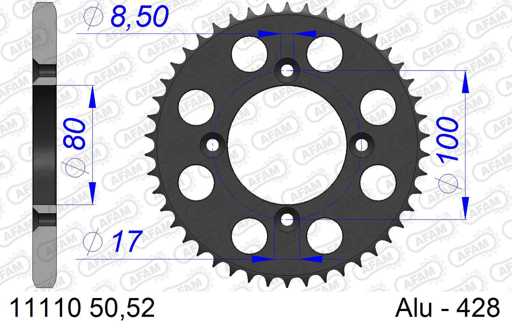 AFAM Rear Sprocket, 428 (OE Pitch), Alu - 50T (orig size) – Honda CRF 100 F 4,5,6,7,8,9,A,B,C,D 2004–2013 / Honda XR 100 R F,G,H,J,K,L,M,N,P,R,S,T,V,W,X,Y,1,2,3 1985–2003