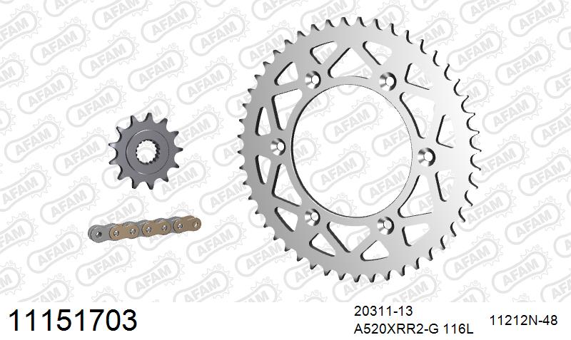 AFAM Xs-Ring Reinforced Plus Chain & Alu Sprocket Kit, 520 (OE Pitch) - Gold 116 link Xs-Ring Reinforced Plus chain, 13T steel/48T Alu sproc (11151703)