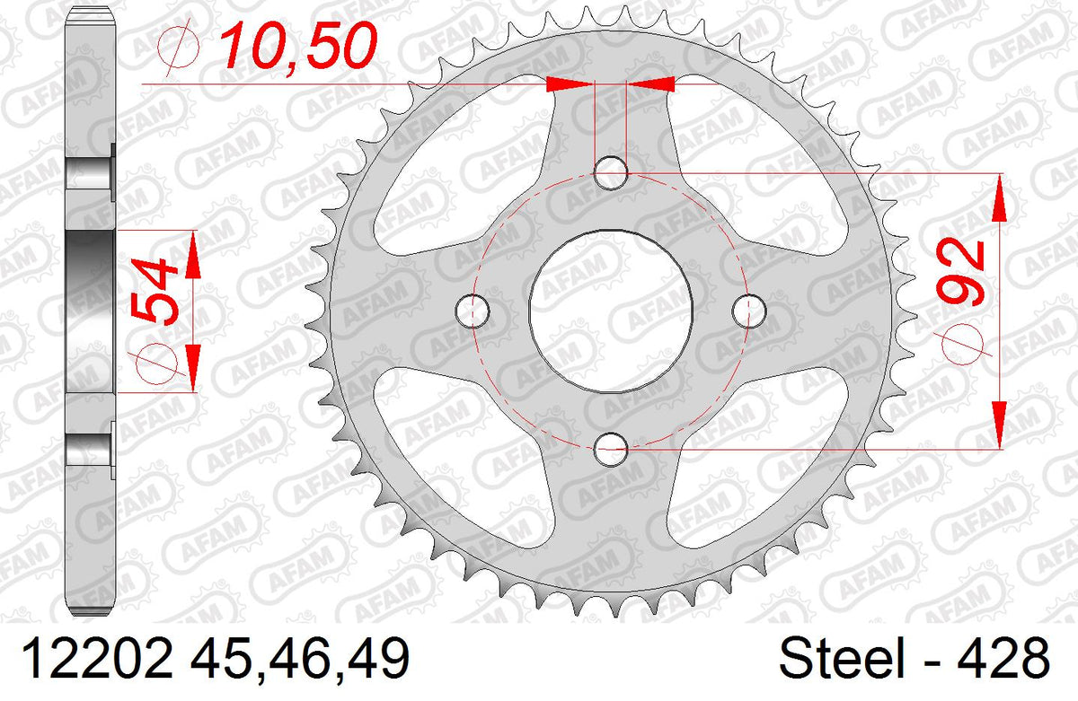 AFAM Rear Sprocket, 428 (OE Pitch), Steel - 49T, 120 links reqd (12202-49)