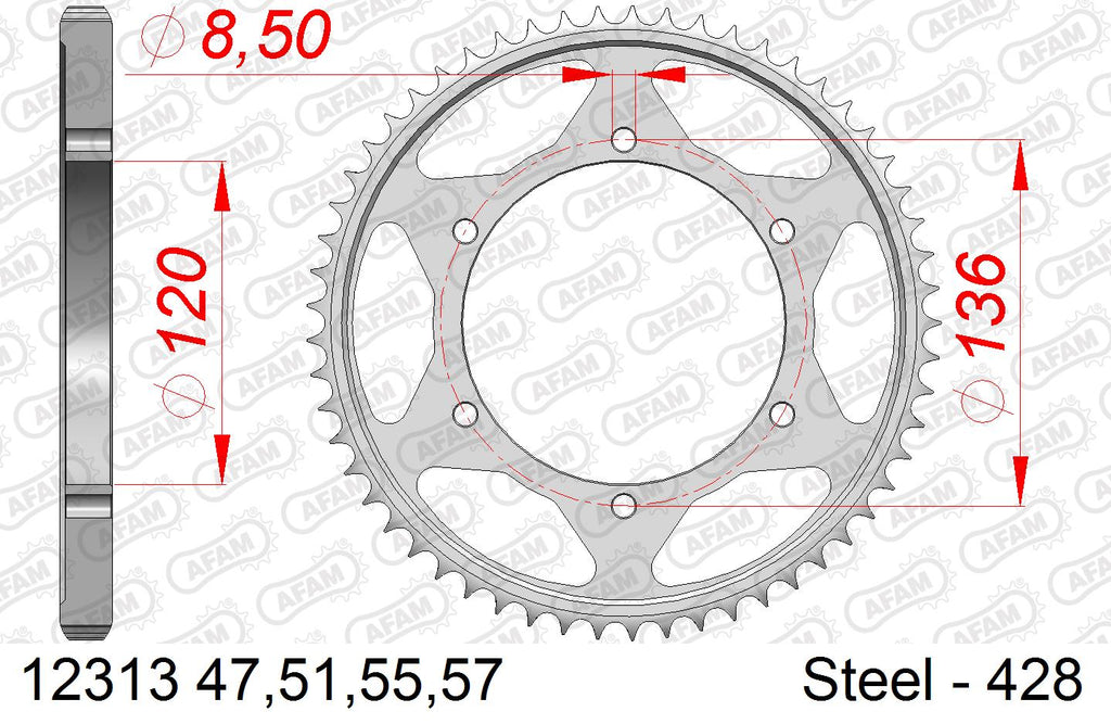 AFAM Rear Sprocket, 428 (OE Pitch), Steel - 57T (orig size) – Yamaha TDR125 1994–2002