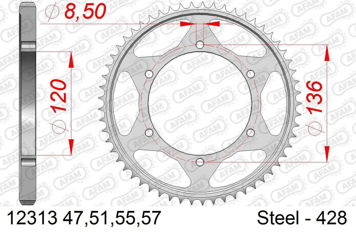 AFAM Rear Sprocket, 428 (OE Pitch), Steel - 57T (orig size) – Yamaha TDR125 1994–2002