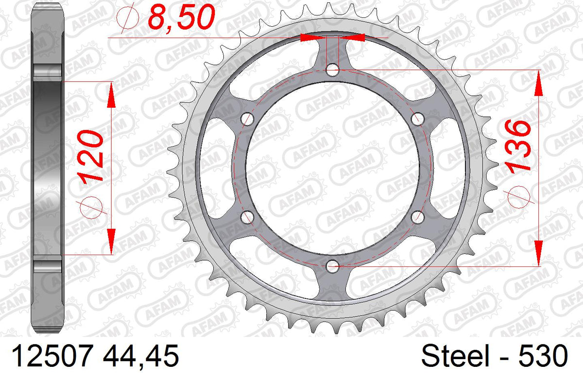 AFAM Rear Sprocket, 530 (OE Pitch), Steel - 44T (orig size) – Yamaha XJ600 Radian 1984–1991 / Yamaha YX 600 Radian 1986–1990