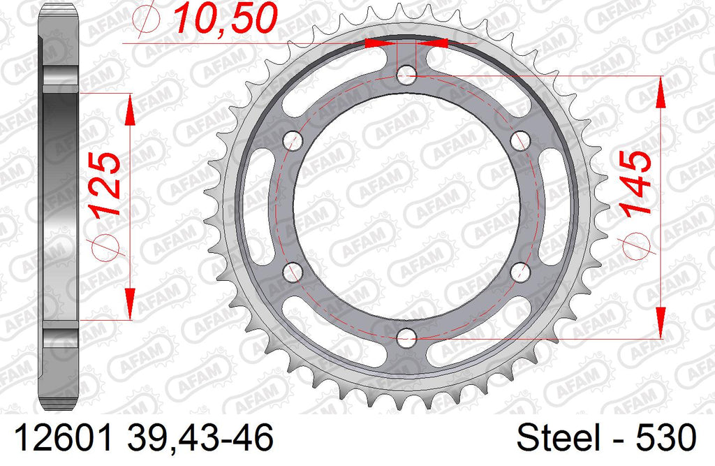 AFAM Rear Sprocket, 530 (OE Pitch), Steel - 44T, 112 links reqd (12601-44)