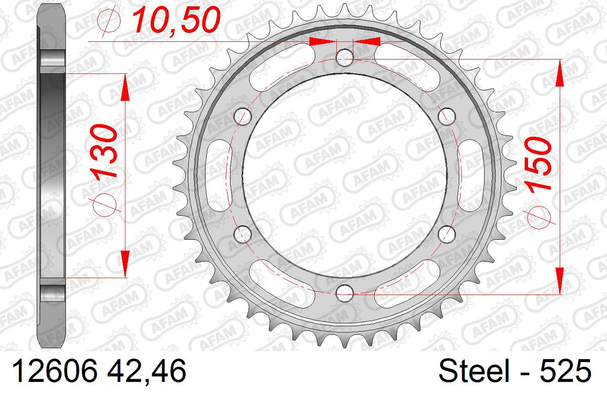 AFAM Rear Sprocket, 525 (OE Pitch), Steel - 46T, 122 links reqd – Yamaha FZ8 / Fazer 800 2010–2015 / Yamaha TDM900 2002–2010