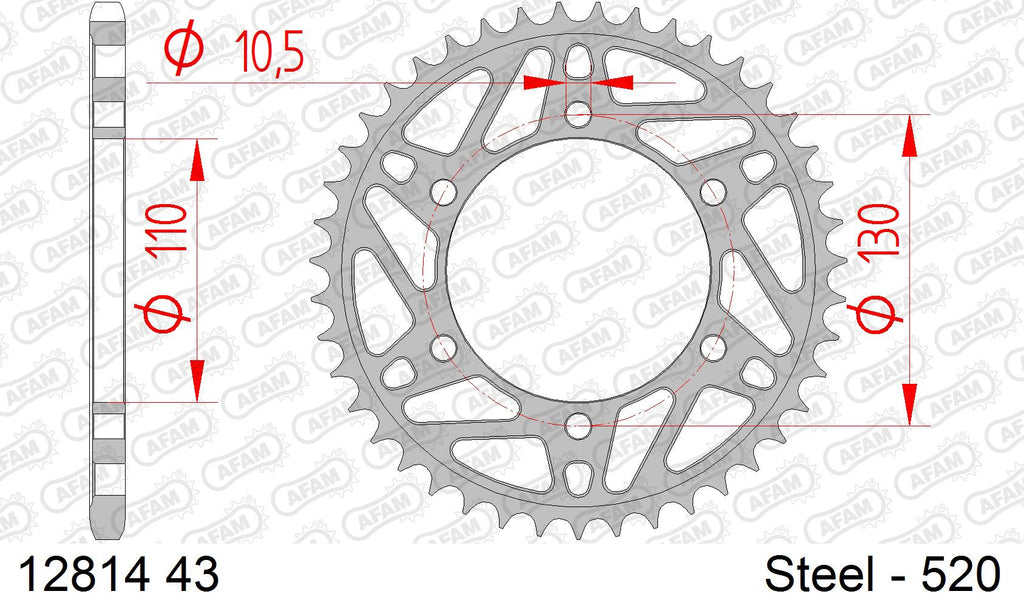 AFAM Rear Sprocket, 520 (OE Pitch), Steel - 43T (orig size) – Yamaha MT-03 2016–2026 / Yamaha YZF-R3 2015–2026
