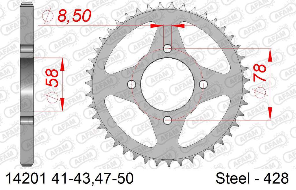 AFAM Rear Sprocket, 428 (OE Pitch), Steel - 41T (orig size) (14201-41)