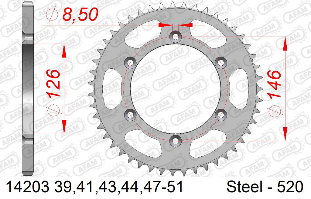 AFAM Rear Sprocket, 520 (OE Pitch), Steel - 51T, 114 links reqd