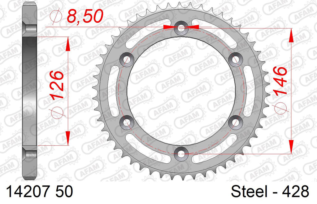AFAM Rear Sprocket, 428 (OE Pitch), Steel - 50T (orig size) – Suzuki DR125 SM 2009–2013 / Suzuki TS 125 R 1990–1996