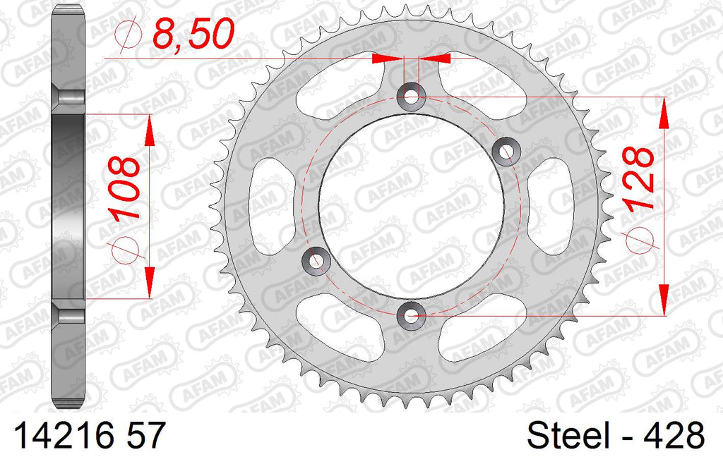 AFAM Rear Sprocket, 428 (OE Pitch), Steel - 57T (orig size) – Kawasaki KLX125 2004–2006 / Suzuki DRZ125 2009–2020