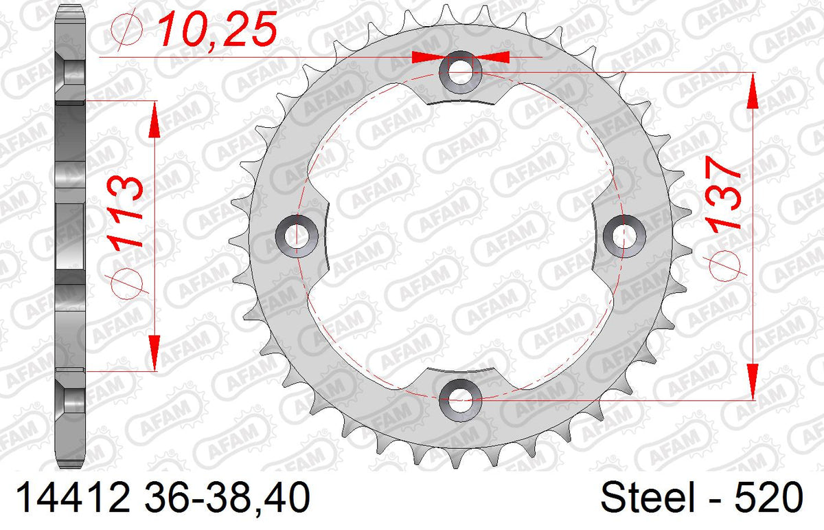AFAM Rear Sprocket, 520 (OE Pitch), Steel - 40T, 100 links reqd – Suzuki LTR450 ATV 2006–2008 / Suzuki LTZ400 ATV 2009–2016