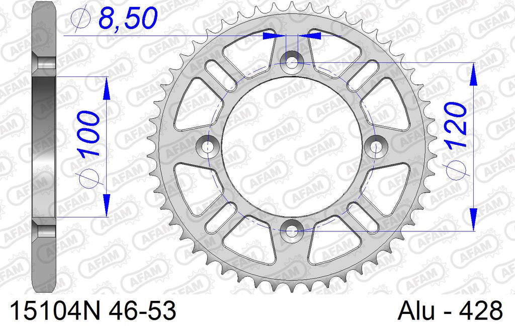 AFAM Rear Sprocket, 428 (OE Pitch), Alu - 47T, 122 links reqd