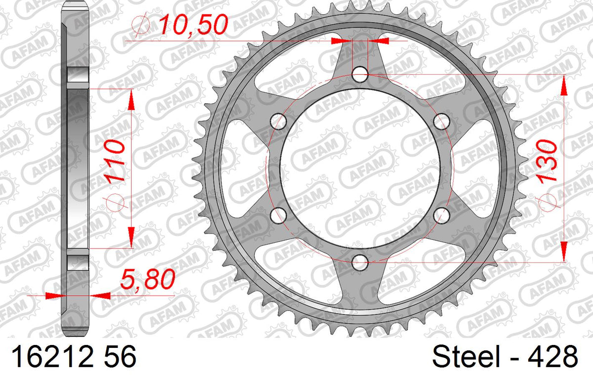 AFAM Rear Sprocket, 428 (OE Pitch), Steel - 56T (orig size) – Kawasaki Ninja 125 2019–2026 / Kawasaki Z125 2019–2026