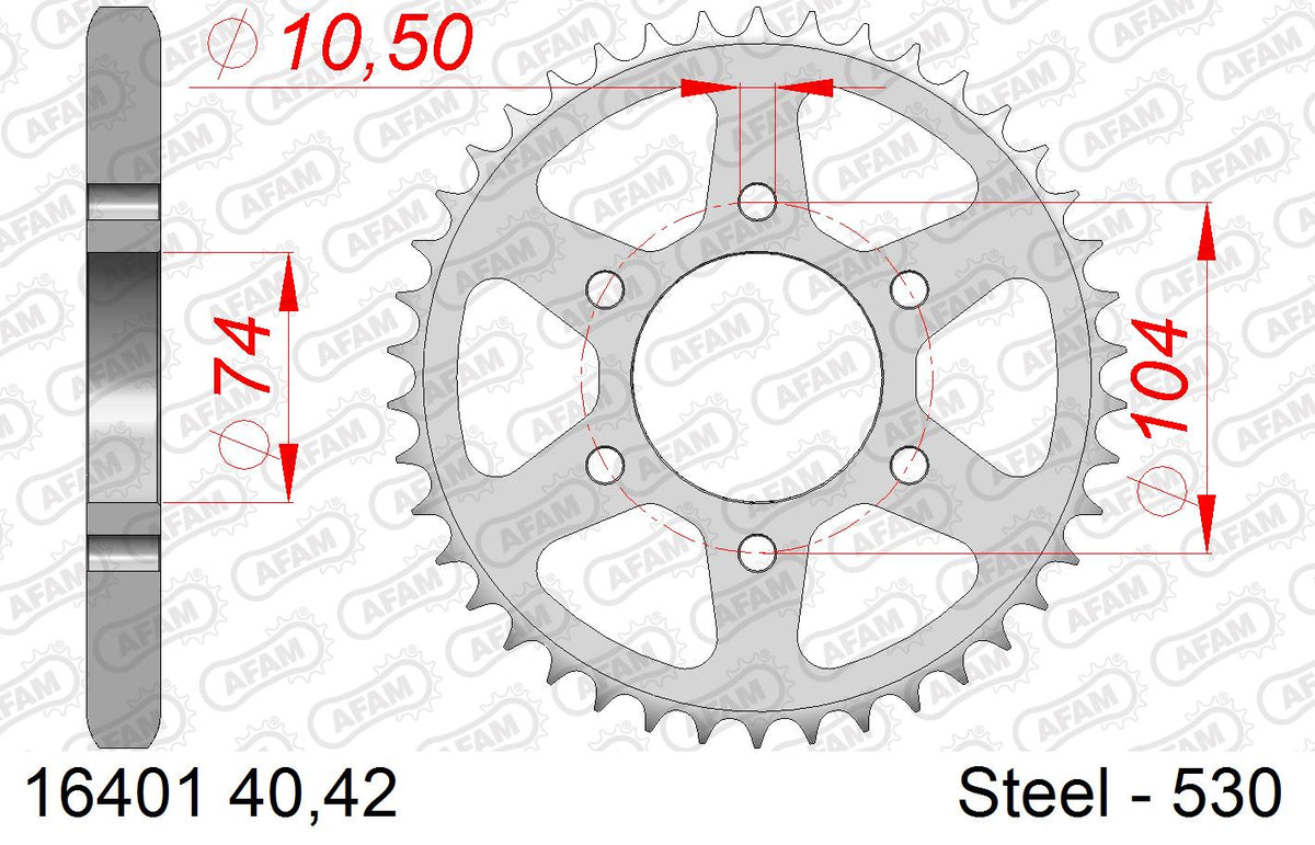 AFAM Rear Sprocket, 530 (OE Pitch), Steel - 40T, 104 links reqd