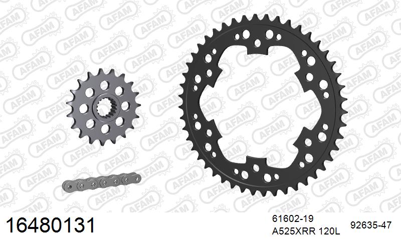 AFAM XS-ring Extra Reinforced Chain & Steel Sprocket Kit, 525 (OE Pitch) - Plain Steel 120 link XS-ring Extra Reinforced chain, 19T steel/47