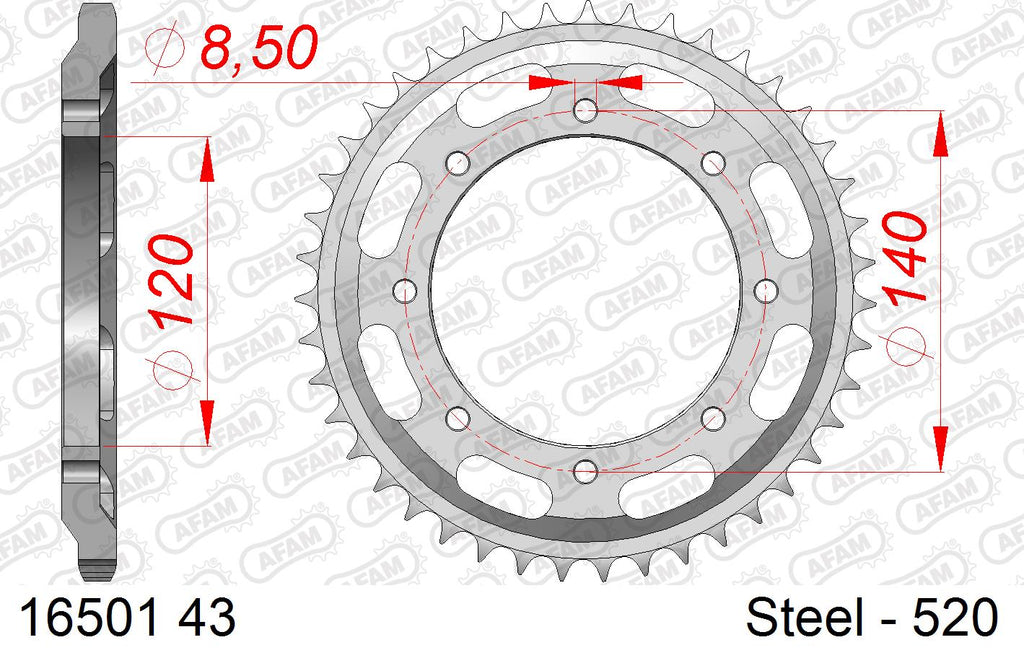 AFAM Rear Sprocket, 520 (OE Pitch), Steel - 43T (orig size) – Kawasaki KLR600 / E 1984–1995