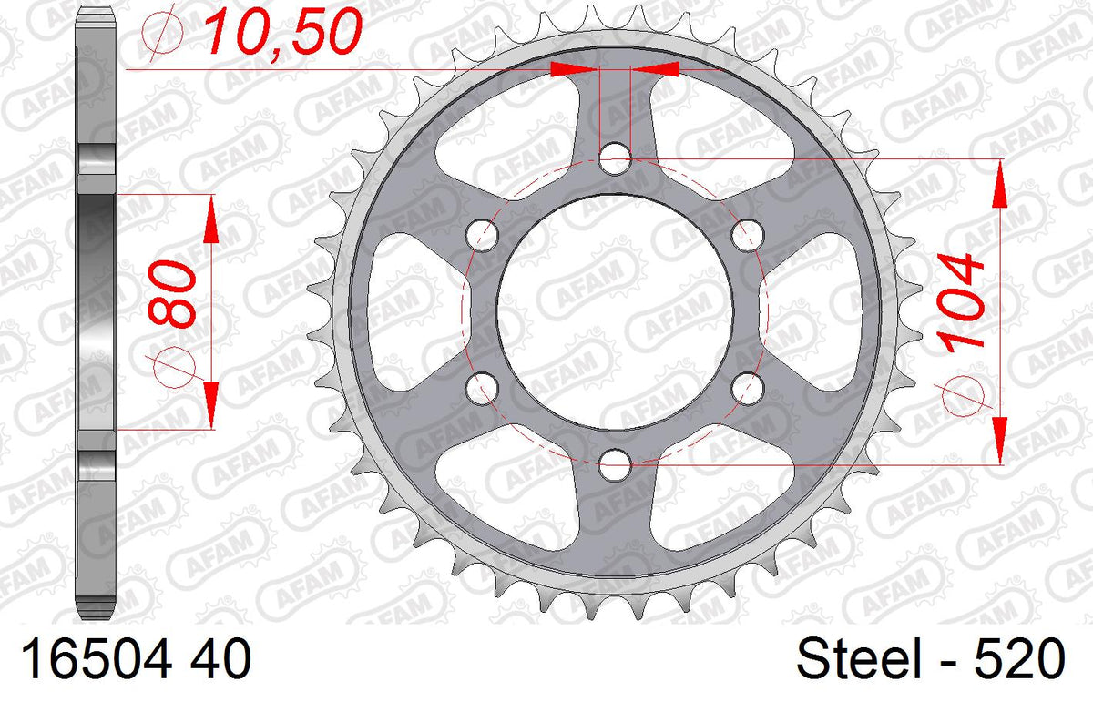 AFAM Rear Sprocket, 520 (OE Pitch), Steel - 40T (orig size) – Kawasaki ZX-6R 2003–2004 / Kawasaki ZX-6RR 2003–2004