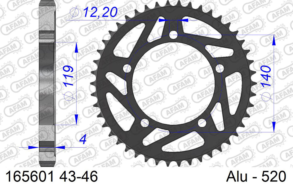 AFAM Rear Sprocket, 520 conversion, Alu - 44T, 122 links reqd