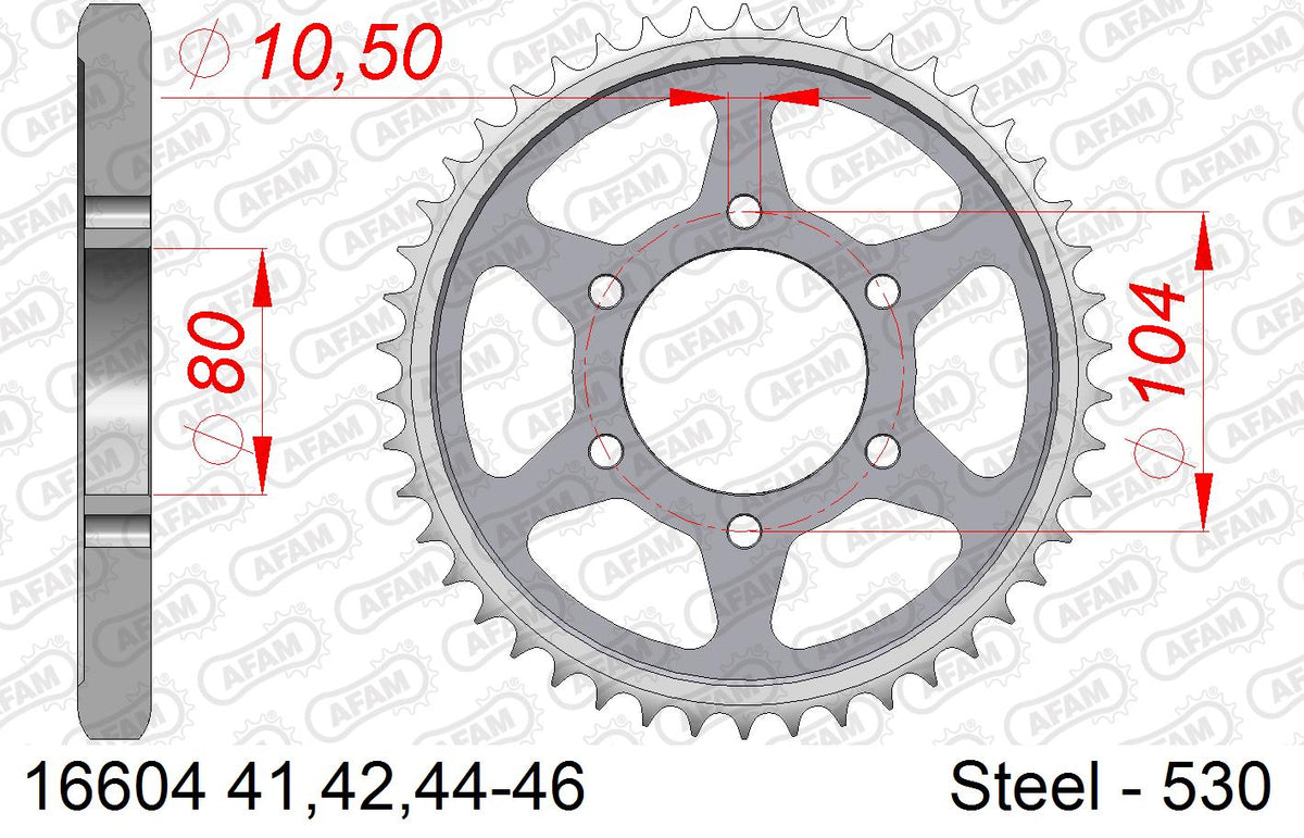 AFAM Rear Sprocket, 530 (OE Pitch), Steel - 44T, 112 links reqd (16604-44)