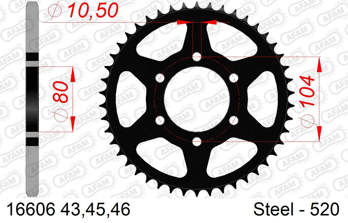 AFAM Rear Sprocket, 520 (OE Pitch), Steel - 46T (orig size) (16606-46)
