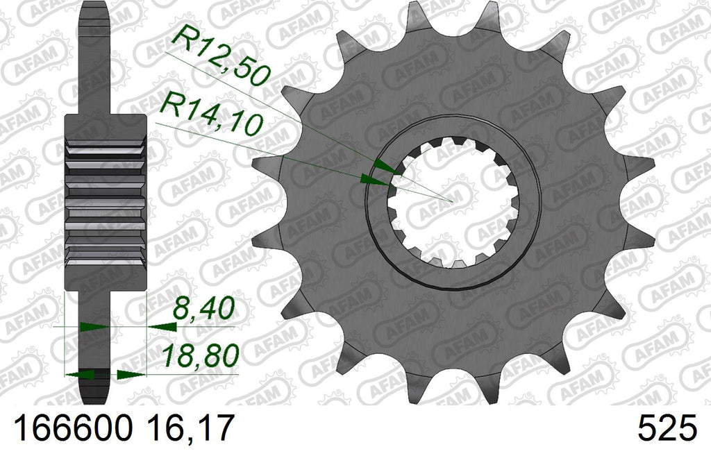 AFAM Front Sprocket, 525 (OE Pitch), Steel - 16T (orig size) (166600-16)