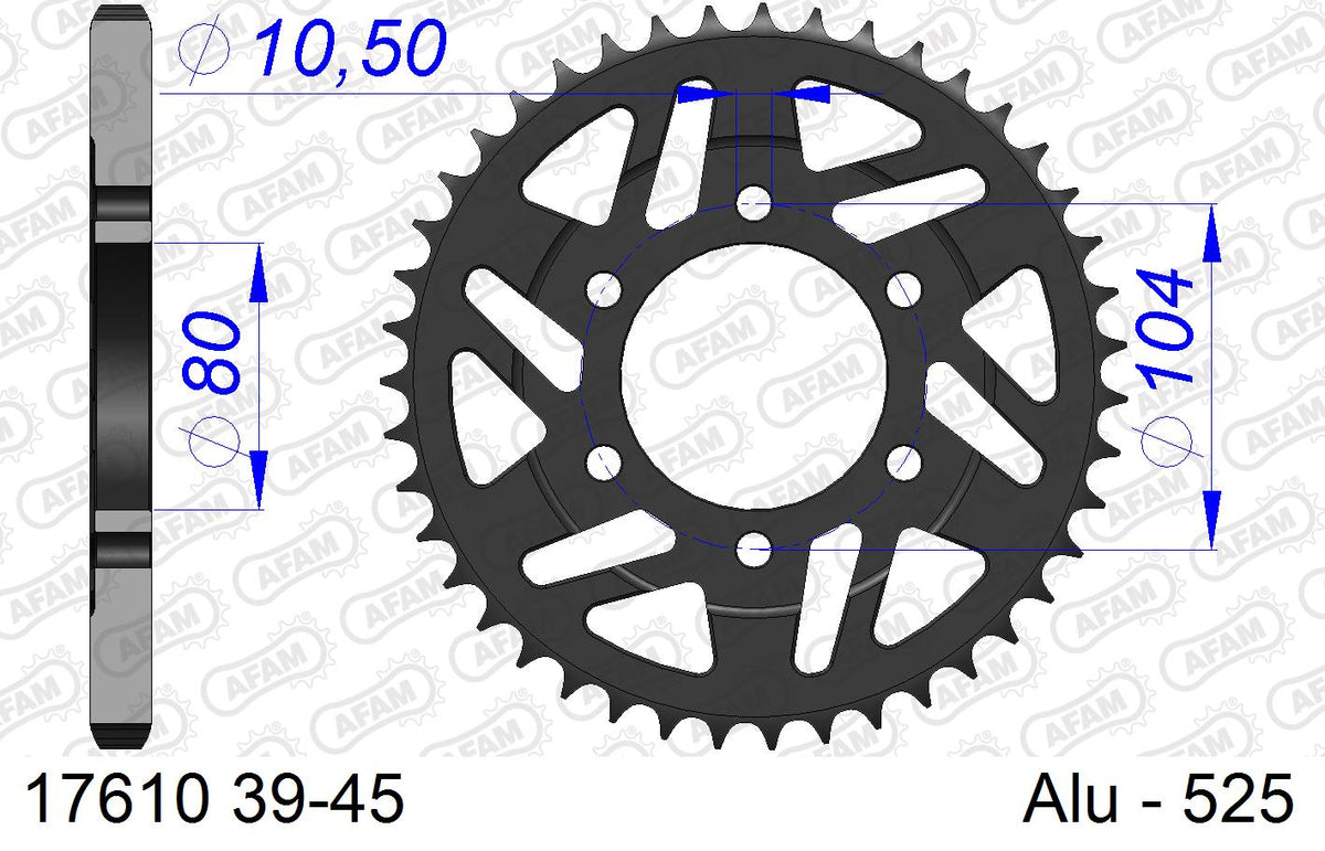 AFAM Rear Sprocket, 525 (OE Pitch), Alu - 43T, 114 links reqd (17610-43)