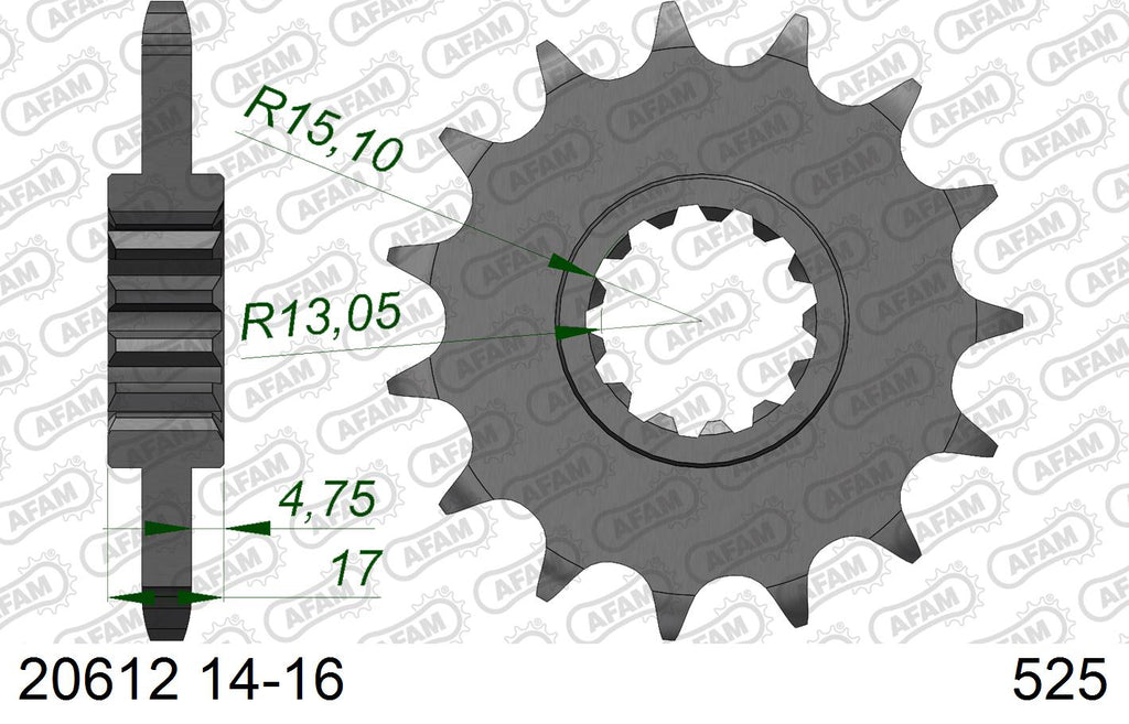 AFAM Front Sprocket, 525 (OE Pitch), Steel - 15T, 118 links reqd (20612-15)