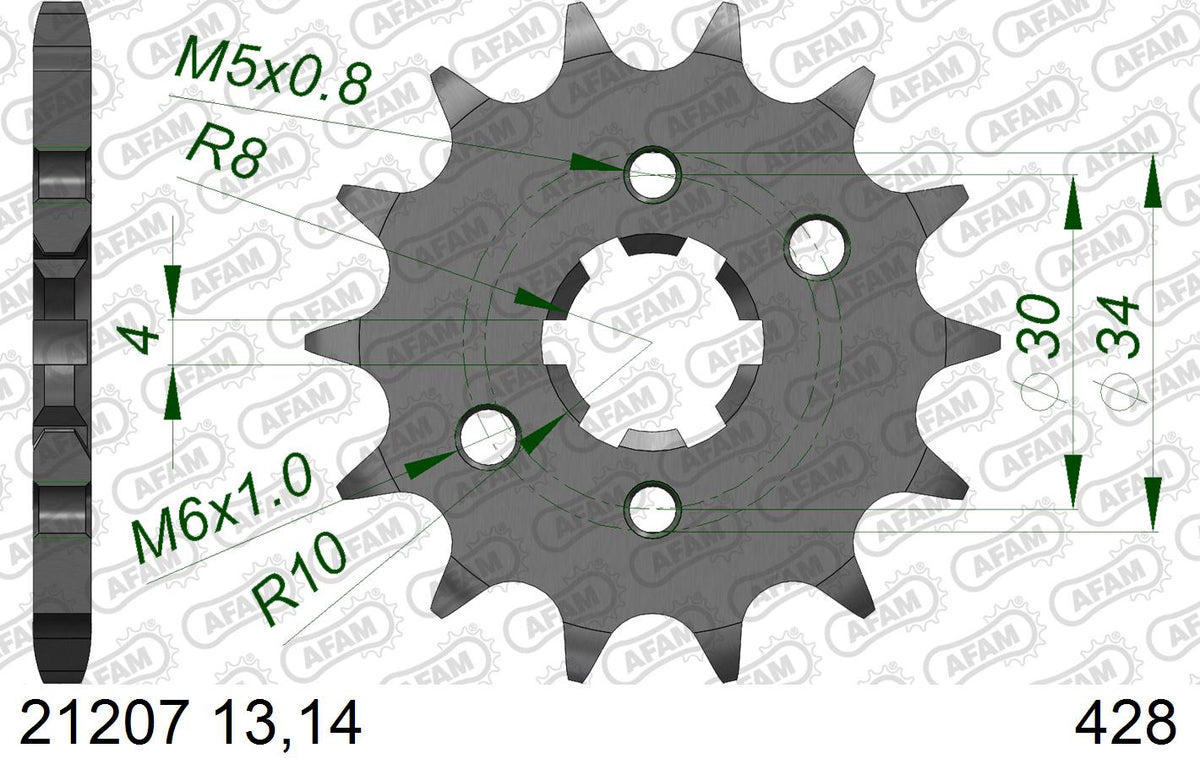 AFAM Front Sprocket, 428 (OE Pitch), Steel - 13T, 118 links reqd (21207-13)
