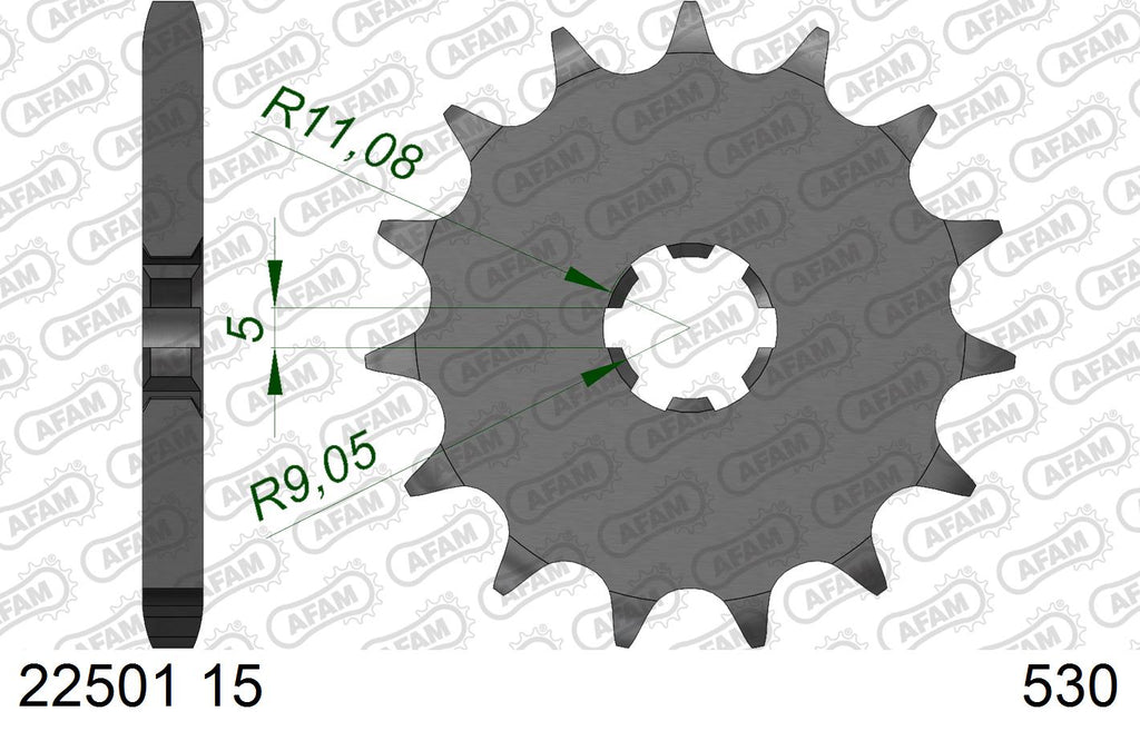 AFAM Front Sprocket, 530 (OE Pitch), Steel - 15T (orig size) – Suzuki GT500 1976–1977 / Suzuki T500 Titan 1970–1973
