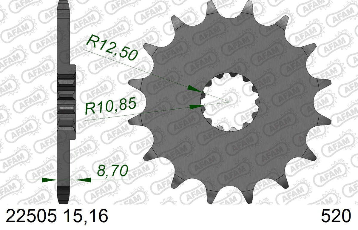 AFAM Front Sprocket, 520 (OE Pitch), Steel - 16T, 110 links reqd – Suzuki GS500E 1994–2000 / Suzuki GS500F 2004–2008