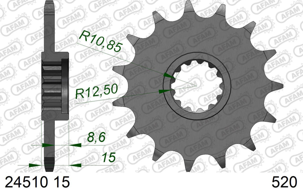 AFAM Front Sprocket, 520 (OE Pitch), Steel - 15T (orig size) – Kawasaki ZX-6R 2003–2007 / Kawasaki ZX-6RR 2003–2004