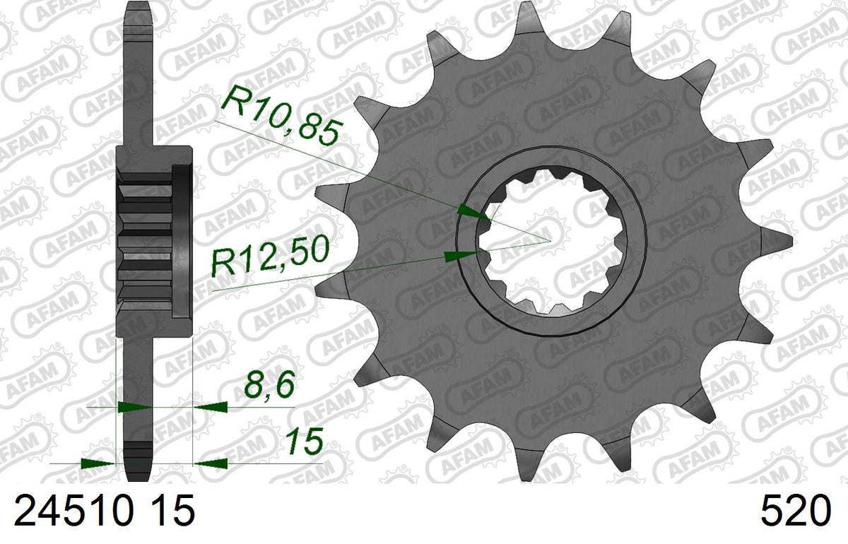 AFAM Front Sprocket, 520 (OE Pitch), Steel - 15T (orig size) – Kawasaki ZX-6R 2003–2007 / Kawasaki ZX-6RR 2003–2004