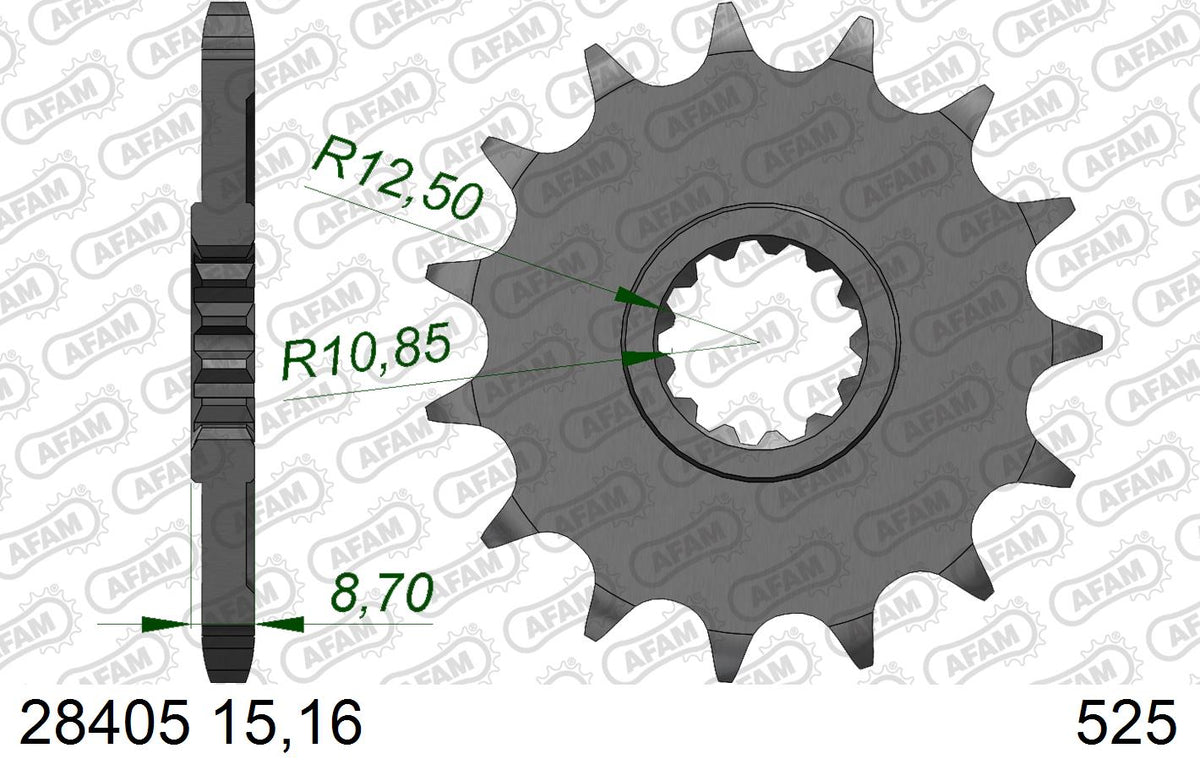 AFAM Front Sprocket, 525 (OE Pitch), Steel - 16T, 114 links reqd
