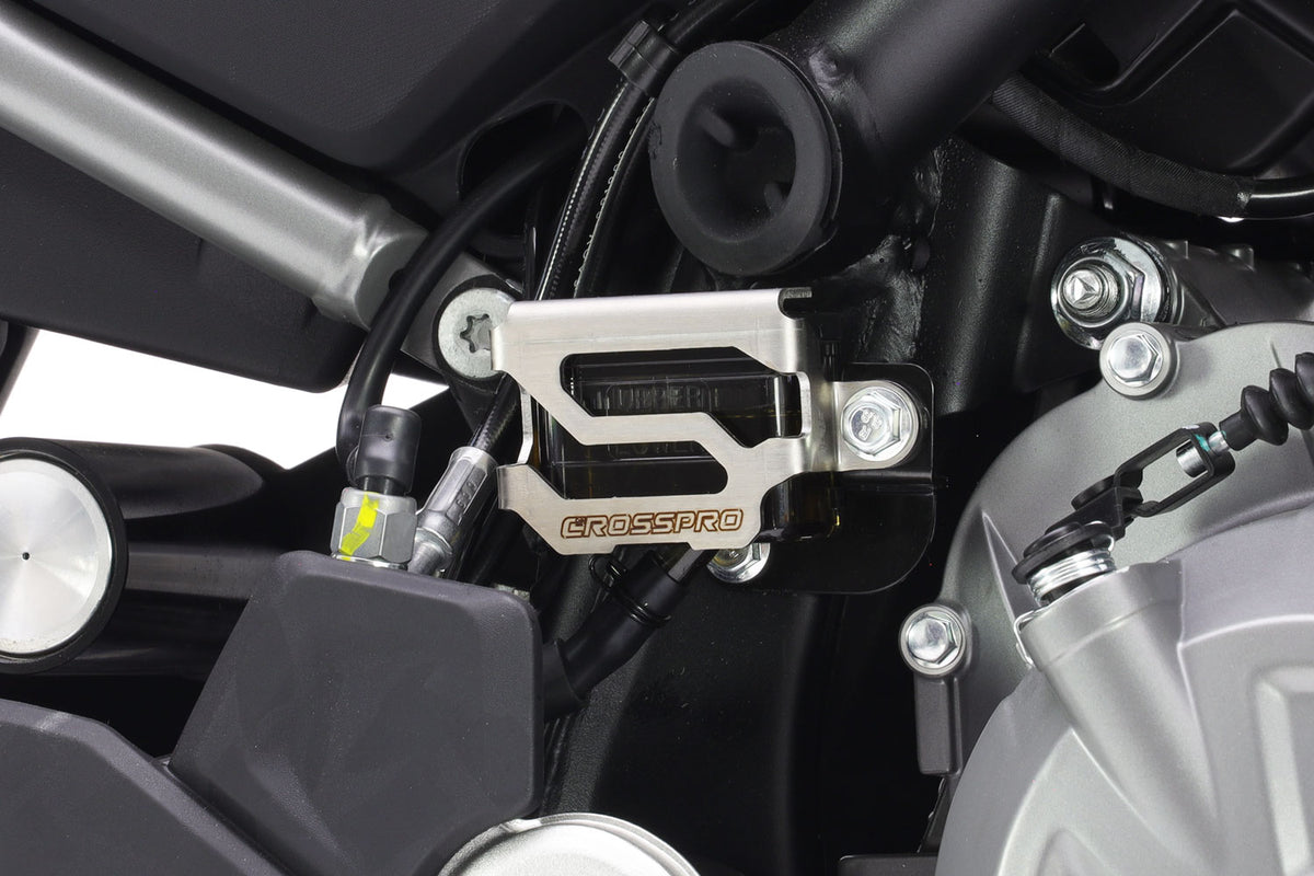 Crosspro Rear Brake Fluid Reservoir Guard, Brushed Stainless – CFMoto 450 MT 2024–2026