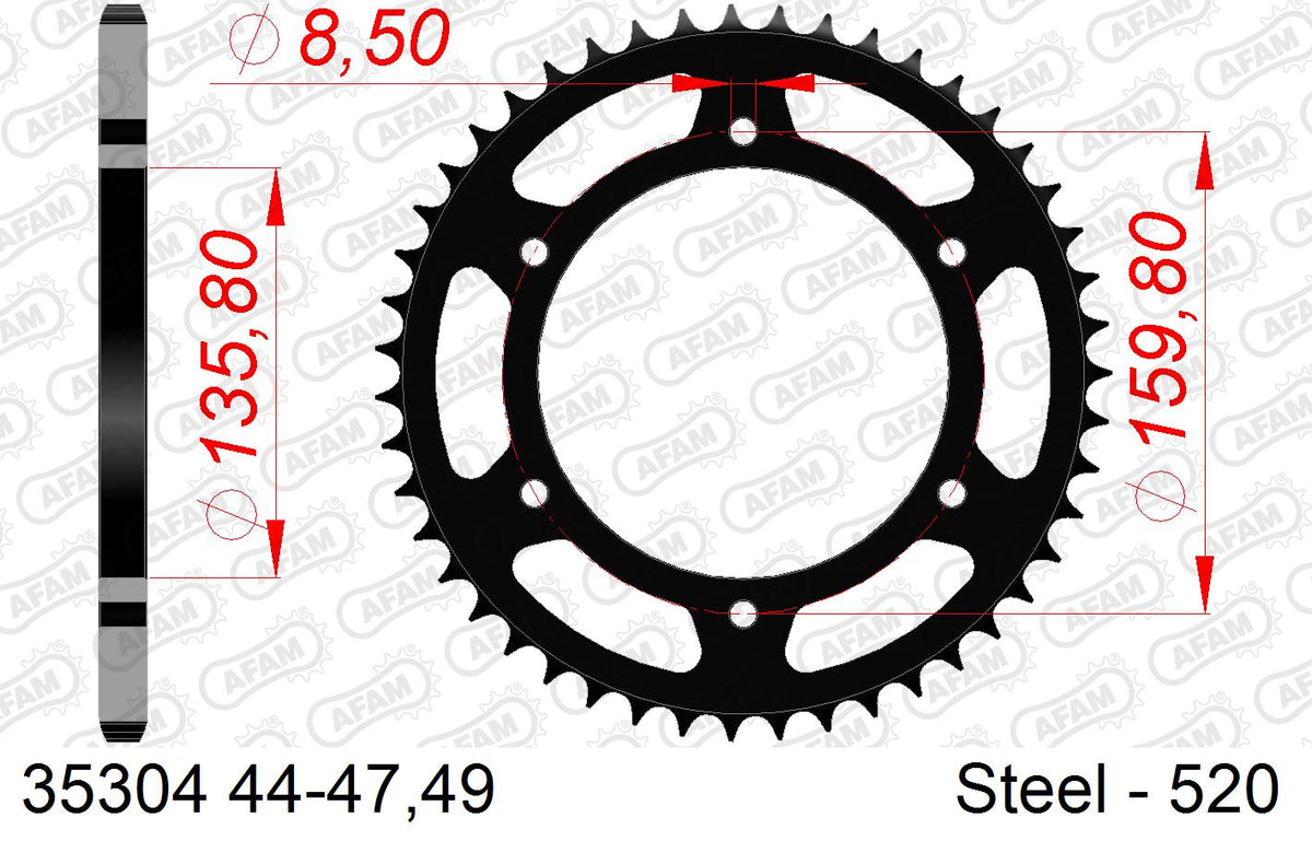 AFAM Rear Sprocket, 520 (OE Pitch), Steel - 44T, 110 links reqd (35304-44)