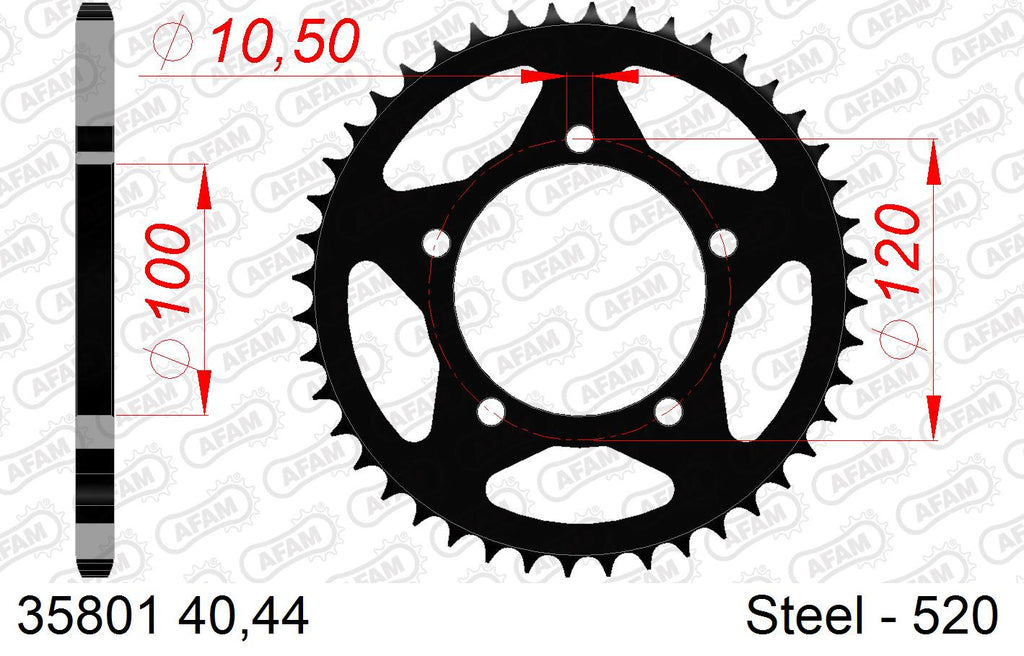 AFAM Rear Sprocket, 520 (OE Pitch), Steel - 44T, 112 links reqd (35801-44)