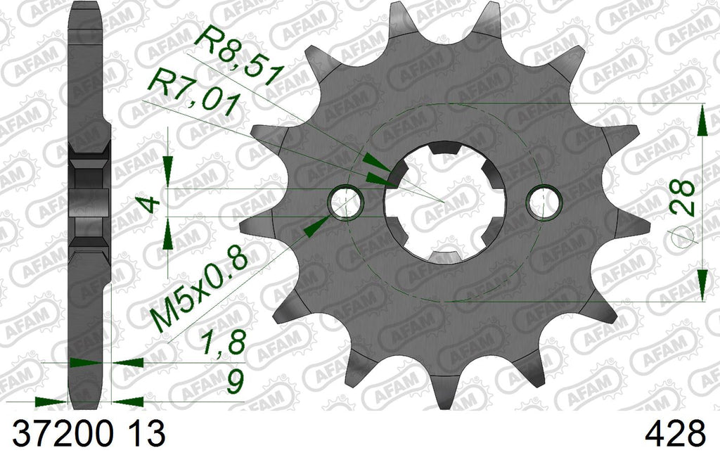 AFAM Front Sprocket, 428 (OE Pitch), Steel - 13T (orig size) (37200-13)
