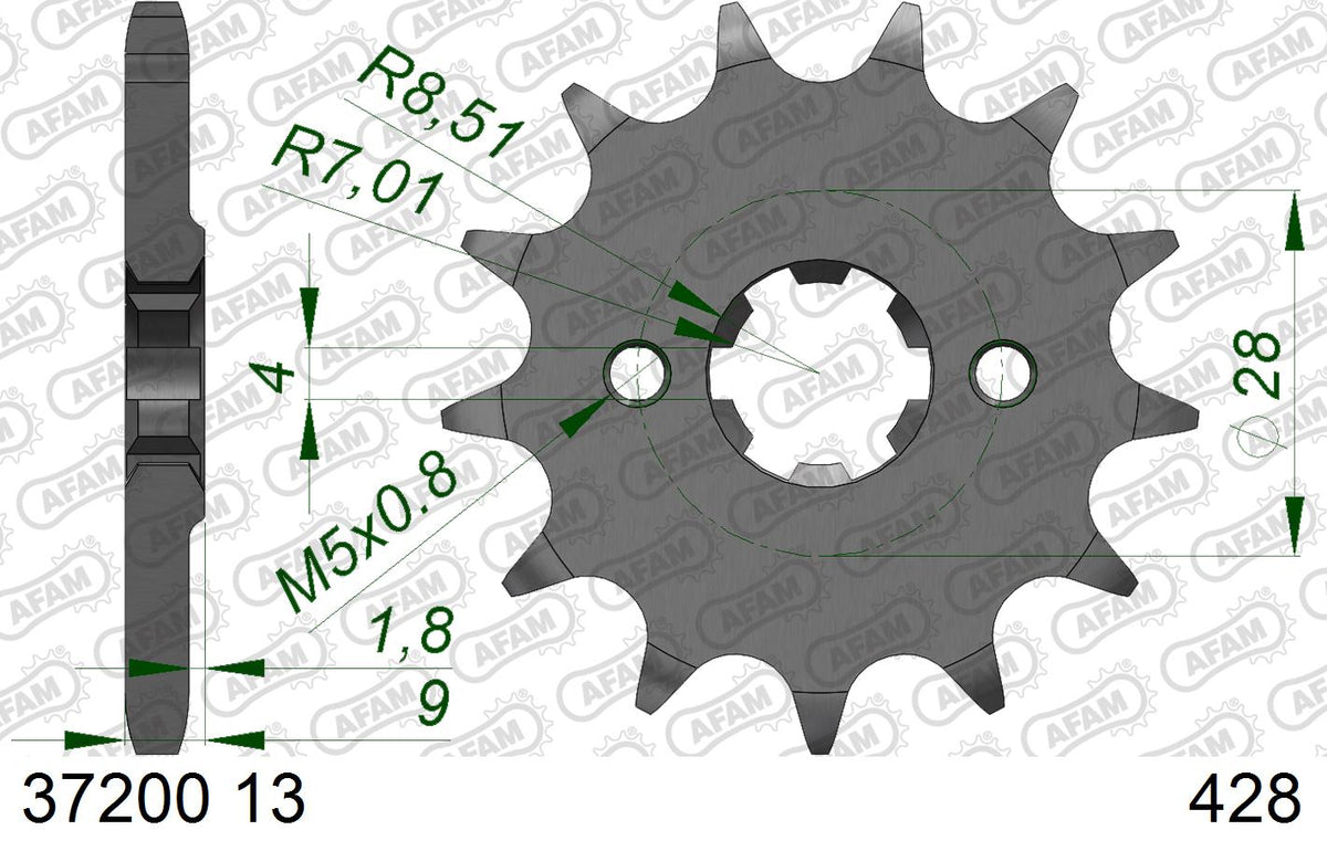 AFAM Front Sprocket, 428 (OE Pitch), Steel - 13T (orig size) (37200-13)