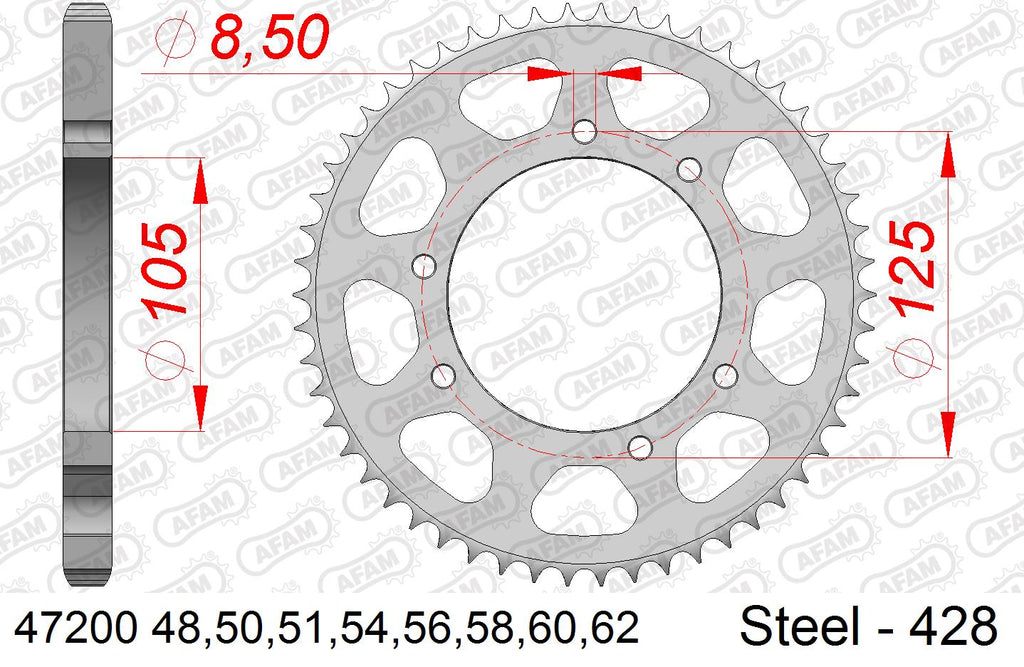 AFAM Rear Sprocket, 428 (OE Pitch), Steel - 54T, 132 links reqd