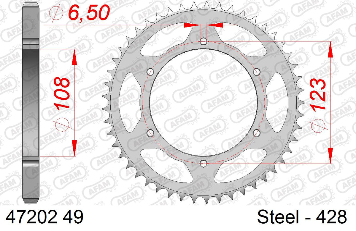 AFAM Rear Sprocket, 428 (OE Pitch), Steel - 49T (orig size) – Derbi GPR 125 4V 2009–2016 / Derbi Senda 125 SM DRD 2014–2015