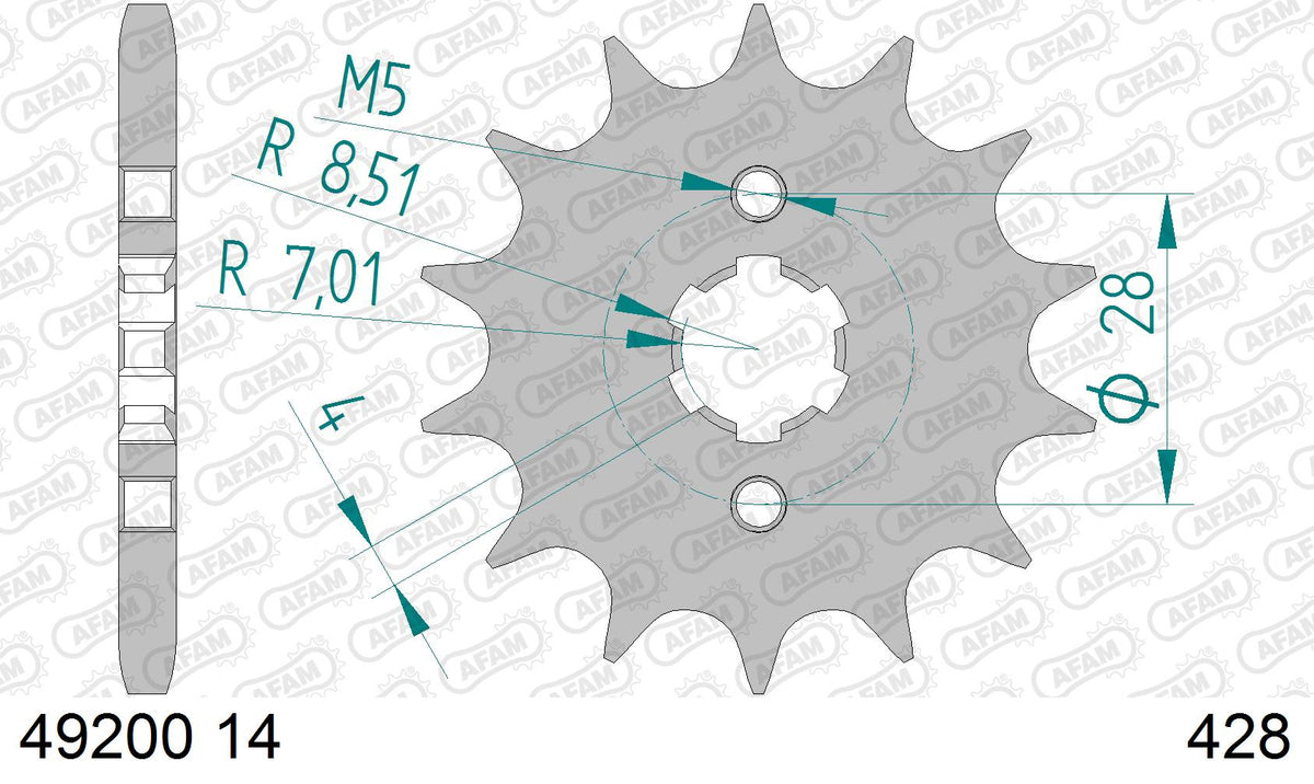 AFAM Front Sprocket, 428 (OE Pitch), Steel - 14T (orig size) (49200-14)