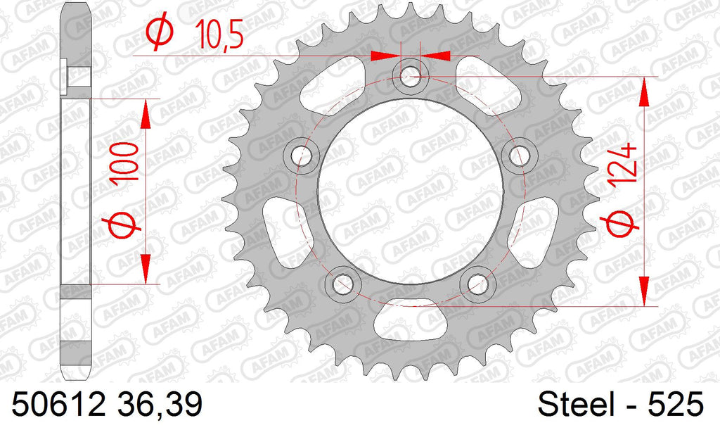 AFAM Rear Sprocket, 525 (OE Pitch), Steel - 36T, 98 links reqd