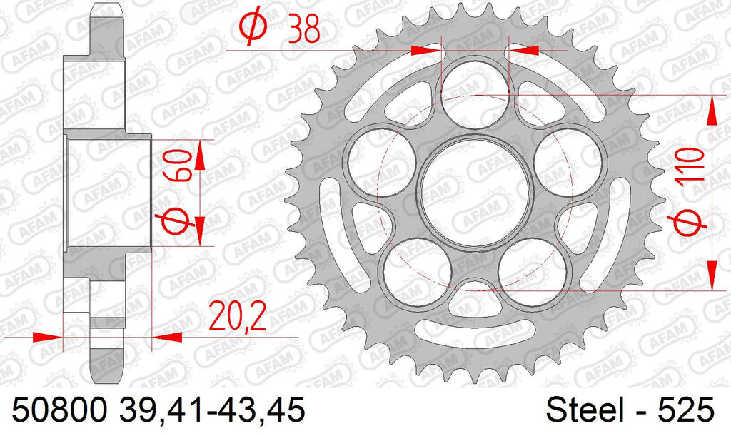 AFAM Rear Sprocket, 525 (OE Pitch), Steel - 41T, 104 links reqd