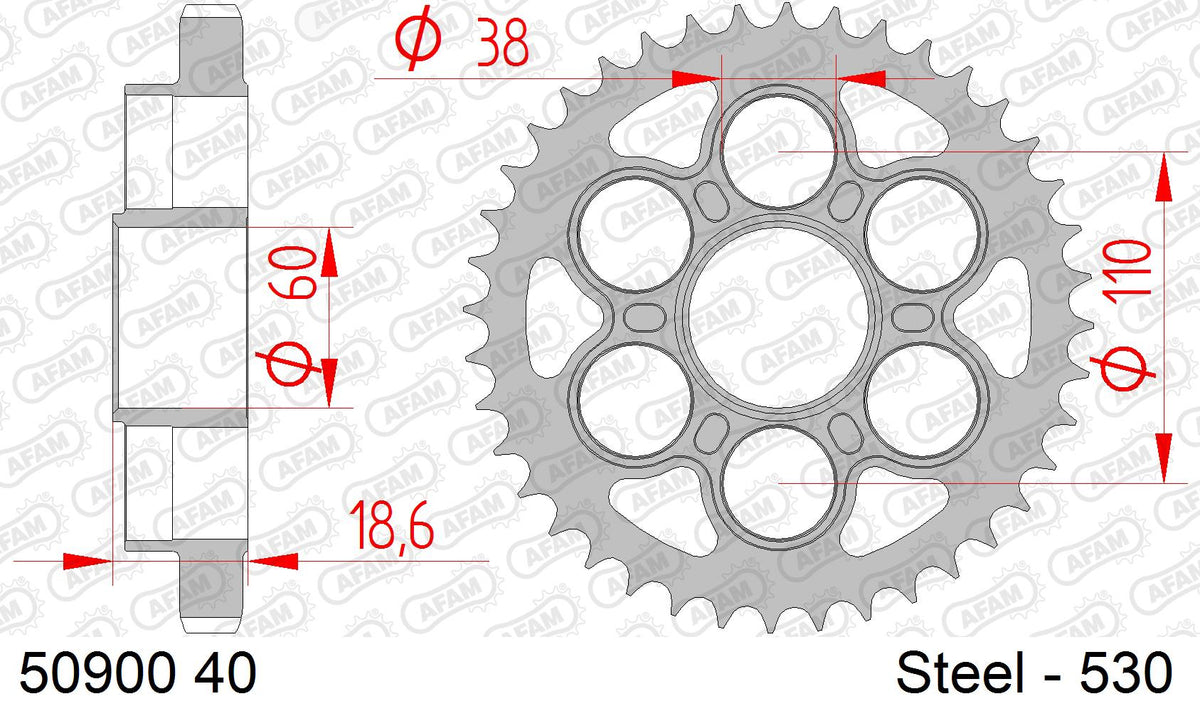 AFAM Rear Sprocket, 530 (OE Pitch), Steel - 40T (orig size) (50900-40)