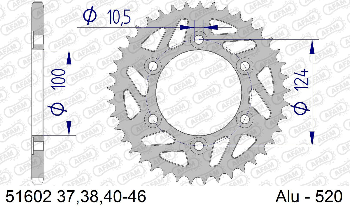 AFAM Rear Sprocket, 520 (OE Pitch), Alu - 38T, 98 links reqd