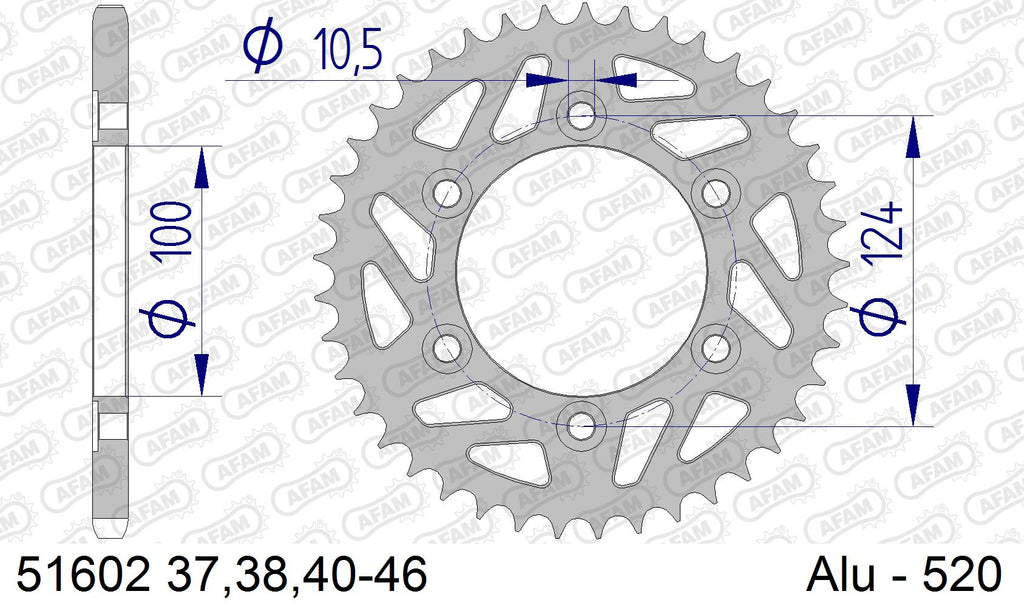 AFAM Rear Sprocket, 520 (OE Pitch), Alu - 40T, 100 links reqd (51602-40)