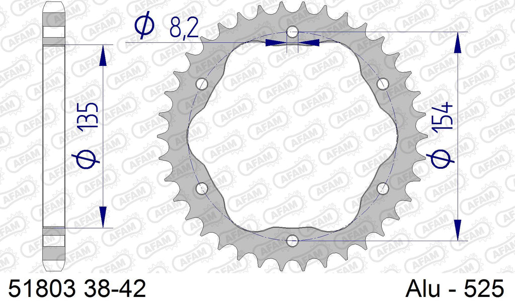AFAM Rear Sprocket, 525 conversion, Alu PCD3 - 38T (orig size), fits PCD3